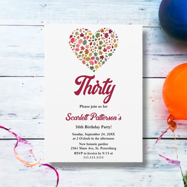 Elegante Herbstlaube Romantisches Herz 30. Geburts Einladung (Von Creator hochgeladen)