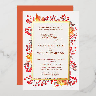 Elegante Herbstlaube Rote Berries-Rahmen Hochzeit Folieneinladung