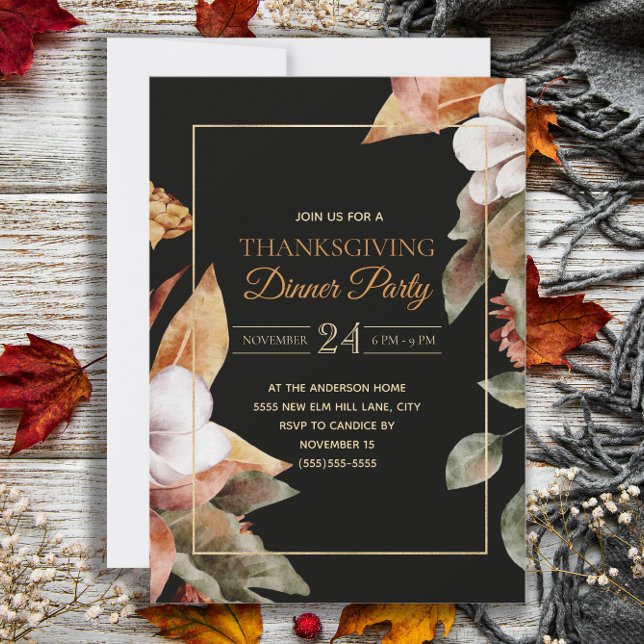 Elegante Herbstlaube Schwarzer Erntedank Abendesse Einladung (Elegant black Thanksgiving dinner party invitation)