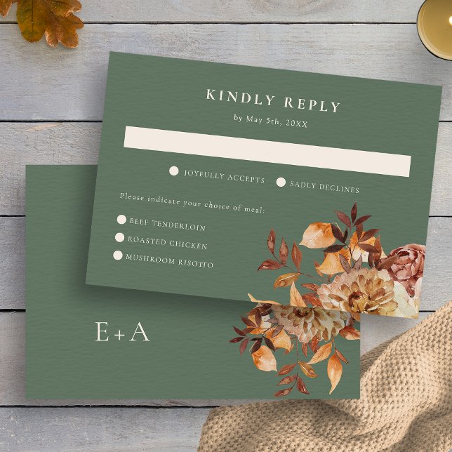Elegante Herbstleaves Hochzeit RSVP Karte (Elegant Autumn Leaves Floral Wedding RSVP Card Monogram by Painted Paperie
)