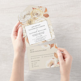 Elegante Herbstwasserfarbe Floral + Ecru Hochzeit All In One Einladung