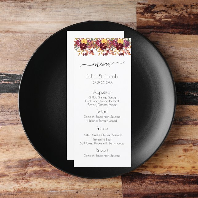 Elegante Herbstwoche Menükarte (Elegant Autumn Watercolor Floral Wedding Party Supplies)
