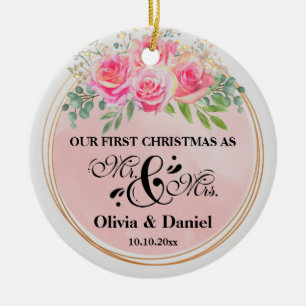 Elegante Herr und Frau Blush Rosa Blumen Hochzeit Keramik Ornament