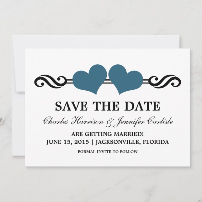 Elegante Herzen Save the Date einladen, blau (Vorderseite)
