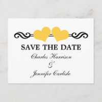 Elegante Herzen Save the Date Postkarte, gelb