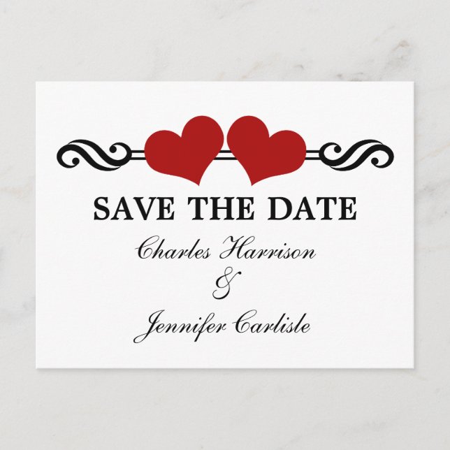 Elegante Herzen Save the Date Postkarte, Rot Ankündigungspostkarte (Vorderseite)