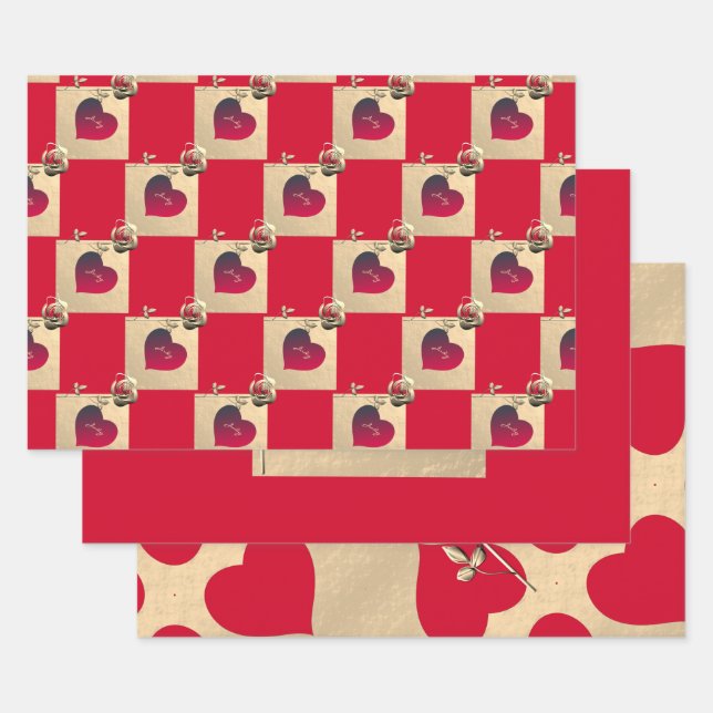 Elegante Herzen und Rose Geschenkpapier Set (Set)