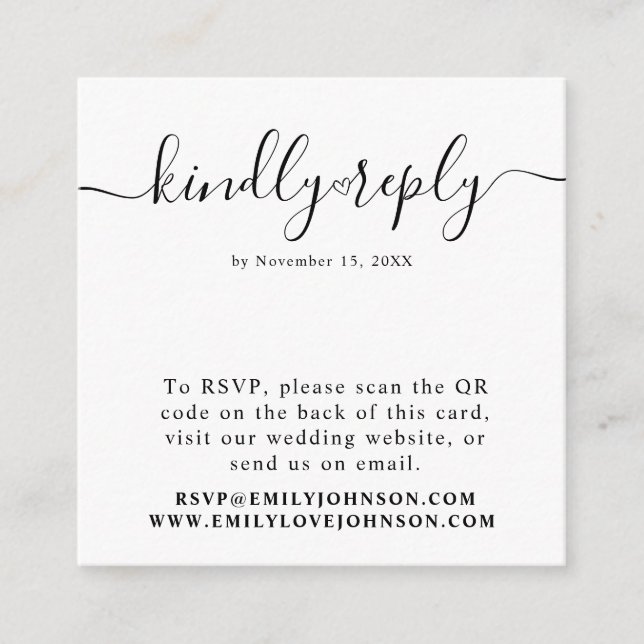 Elegante Herzkalligraphie QR Code Wedding RSVP Begleitkarte (Vorderseite)