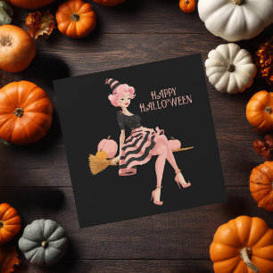 Elegante Hexe auf Besen & Kürbisse Halloween Karte