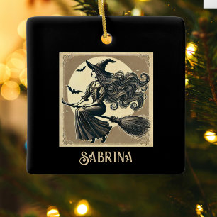 Elegante Hexe auf Besen Vintage Halloween Schwarz Keramikornament