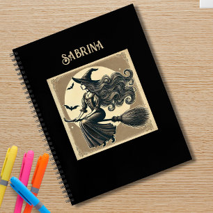 Elegante Hexe auf Besen Vintage Halloween Schwarz Notizbuch