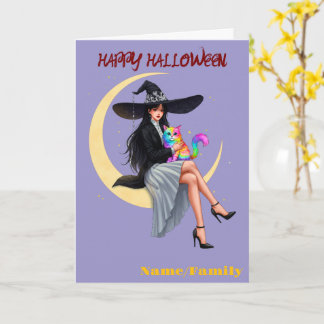 Elegante Hexe und Regenbogenkatze Halloween Karte