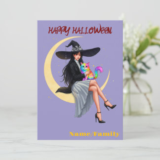 Elegante Hexe und Regenbogenkatze Halloween Karte