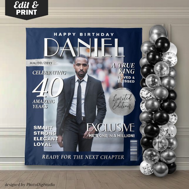 Elegante Hintergrundbild Custom Magazine Cover Wandteppich (Birthday Custom Magazine Cover Backdrop for Men, Navy Blue Silver Banner Ste and Repeat Fashion)