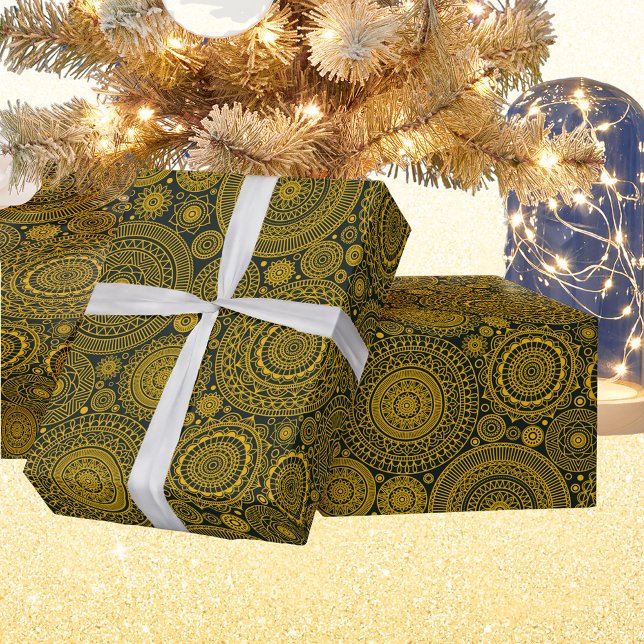 Elegante Hinteruganmandala Muster grüne Golddiwali Geschenkpapier (Von Creator hochgeladen)