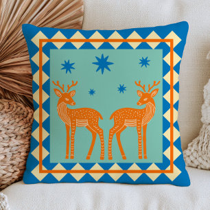 Elegante Hirsche auf blauem Dopamin-Ästhetik-Boho- Kissen