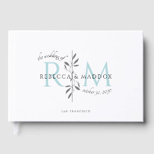 Elegante Hochzeit Aqua Botanisches Monogramm Gästebuch