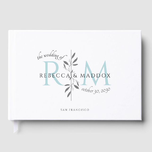 Elegante Hochzeit Aqua Botanisches Monogramm Gästebuch (Vorderseite)