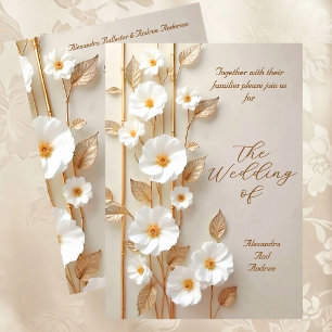 Elegante Hochzeit Beige Weiße Blumen Gold Bambus Einladung