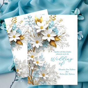 Elegante Hochzeit Blau Weiße Spitze Gold Blumen Einladung