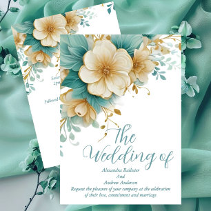 Elegante Hochzeit Blaue Grüne Blumen auf Weiß Einladung