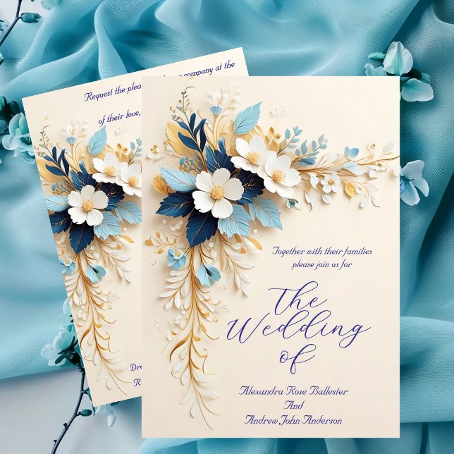 Elegante Hochzeit Blue White Cream Gold Blume Einladung (Von Creator hochgeladen)