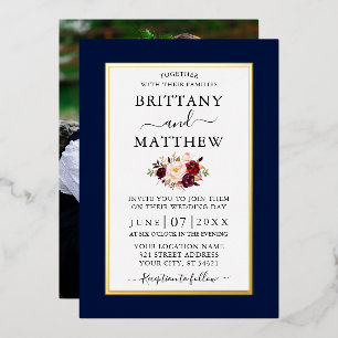 Elegante Hochzeit Burgund Blumen Blau Foto Gold Folieneinladung
