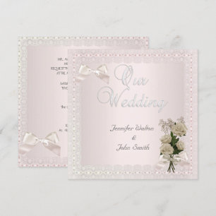 Elegante Hochzeit Creme Rosa Spitze Schleife Rose Einladung