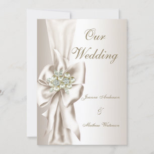 Elegante Hochzeit Damast Perle Cremeweiß Schleife Einladung