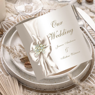 Elegante Hochzeit Damast Perle Cremeweiß Schleife Einladung