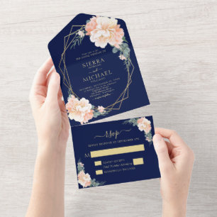 Elegante Hochzeit der Blauen Blüte Gold Peach Flor All In One Einladung