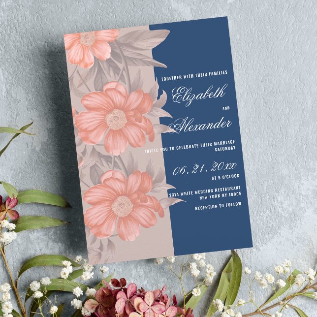 Elegante Hochzeit der Koralleninsel in Blau Einladung (Elegant coral navy blue soft gray floral wedding)