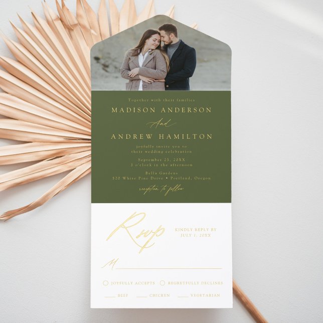Elegante Hochzeit der Olive Green Gold Foil Callig All-in-One-Einladung (Von Creator hochgeladen)