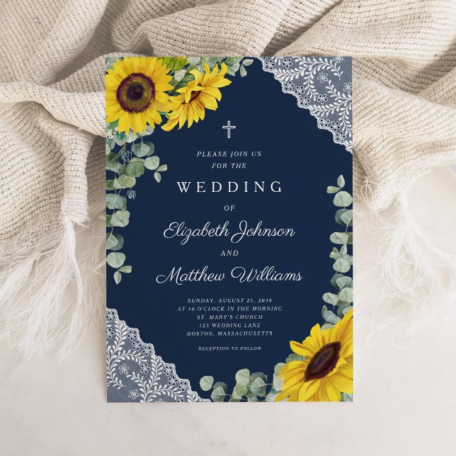 Elegante Hochzeit der religiösen Navy mit blauen S Einladung (Rustic Religious Navy Blue Sunflower Wedding Invitation)