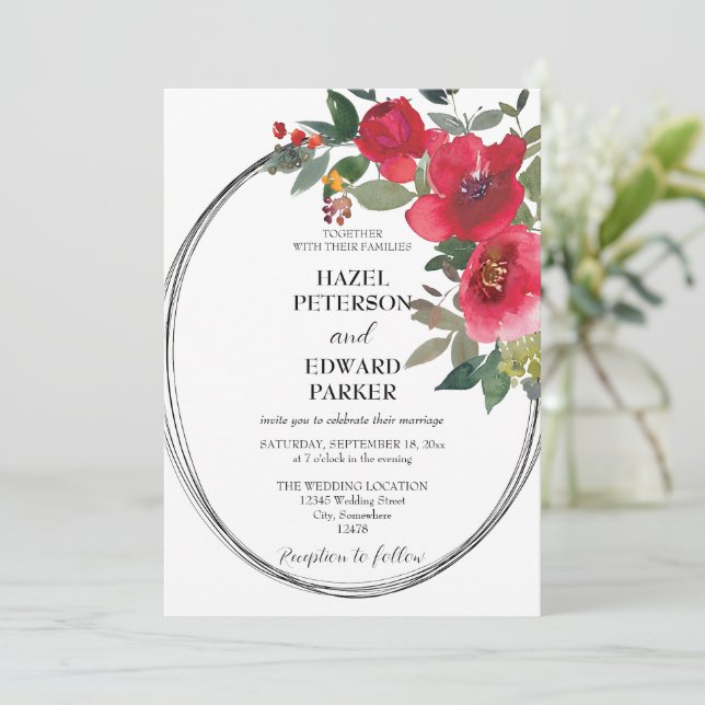 Elegante Hochzeit der Roten Rose Einladung (Stehend Vorderseite)