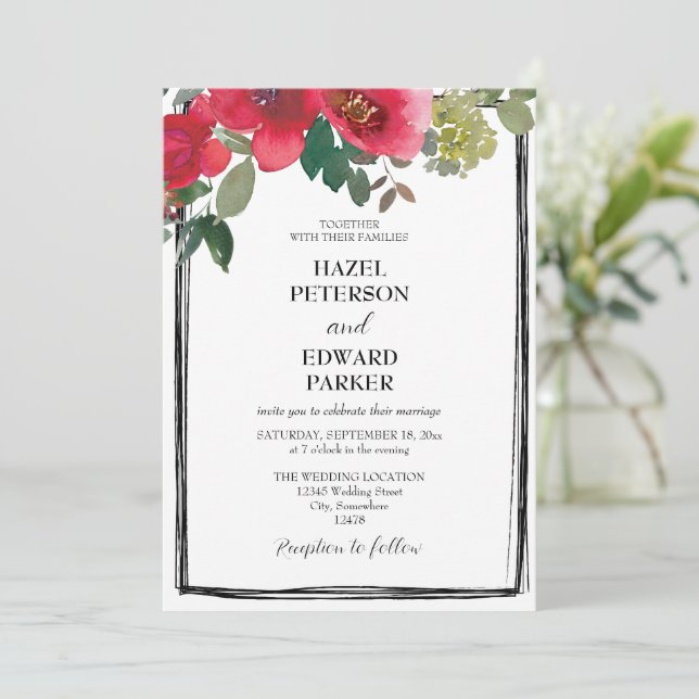 Elegante Hochzeit der Roten Rose Einladung (Stehend Vorderseite)