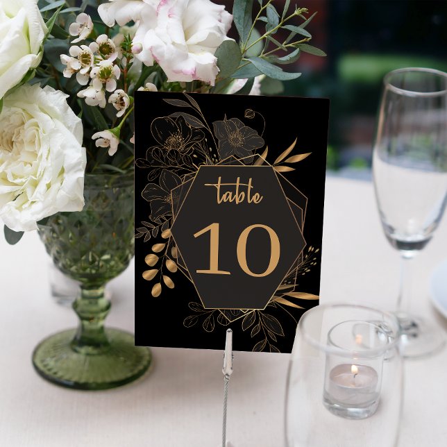 Elegante Hochzeit der Schwarzen und goldenen Flora Tischnummer (Modern Black and Gold Floral elegant wedding Table card)