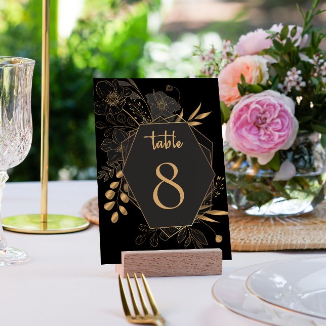 Elegante Hochzeit der Schwarzen und goldenen Flora Tischnummer (Elegant Black & Gold Floral Wedding Table card)