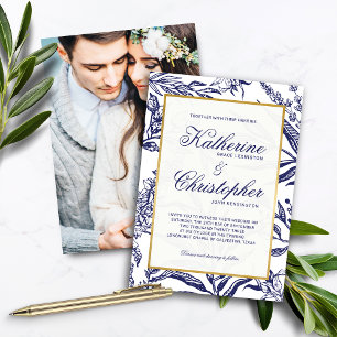 Elegante Hochzeit des Blue Gold Botanical Foto Einladung