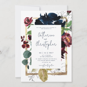 Elegante Hochzeit des Burgundy Navy Blue Floral Ga Einladung