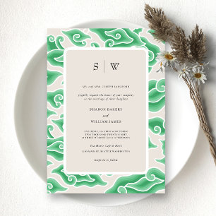 Elegante Hochzeit des Green Ocean Waves Monogram Einladung