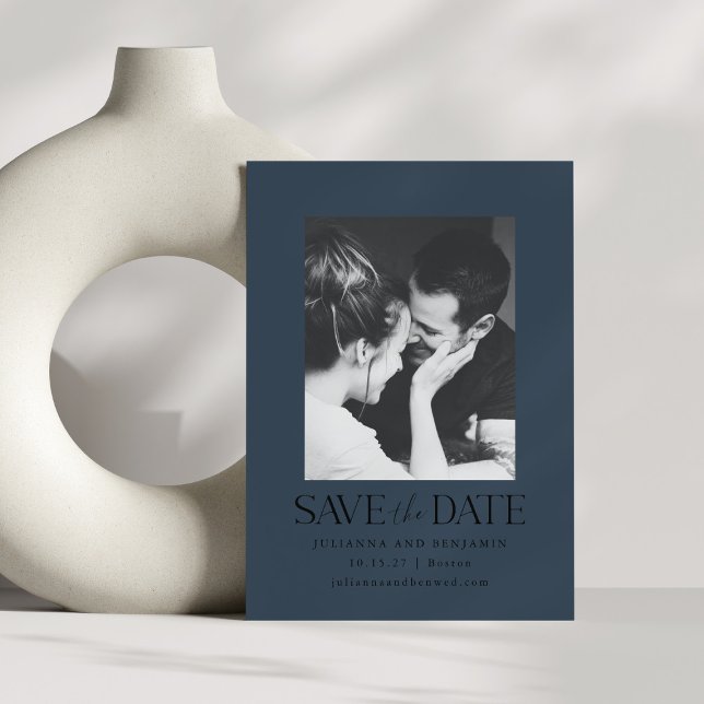 Elegante Hochzeit des modernen Fotos Navy Blue Win Save The Date (Von Creator hochgeladen)