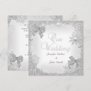 Elegante Hochzeit Glitter Silber Weiße Schleife Einladung