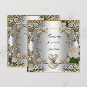 Elegante Hochzeit Goldrose Silberweiß Einladung