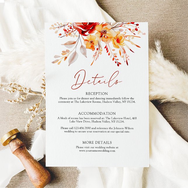 Elegante Hochzeit im Herbst Begleitkarte (Bold watercolor floral wedding details card)