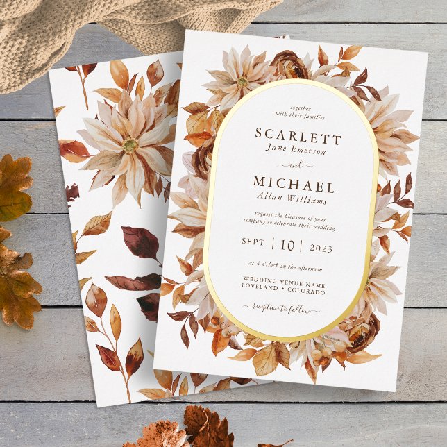 Elegante Hochzeit im Herbst Folieneinladung (Elegant White Fall Floral Wedding Foil Invitation by Painted Paperie
)