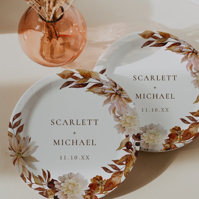 Elegante Hochzeit im Herbst Pappteller (Elegant Fall Watercolor Floral Wedding Paper Plates by Painted Paperie)