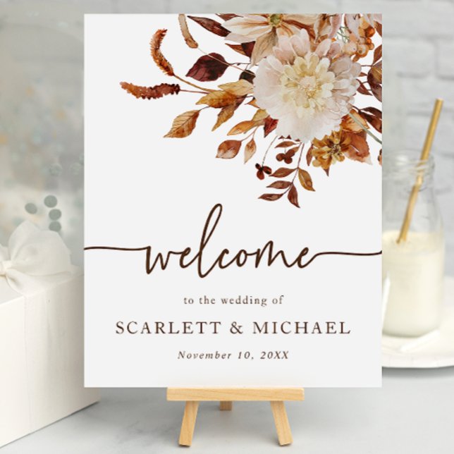 Elegante Hochzeit im Herbst Willkommen Poster (Autumn Floral Table Top Welcome Sign by Painted Paperie)