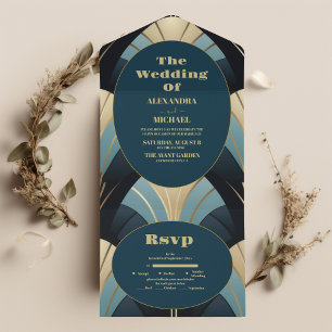 Elegante Hochzeit im Stil des Art Deco in Blau und All In One Einladung