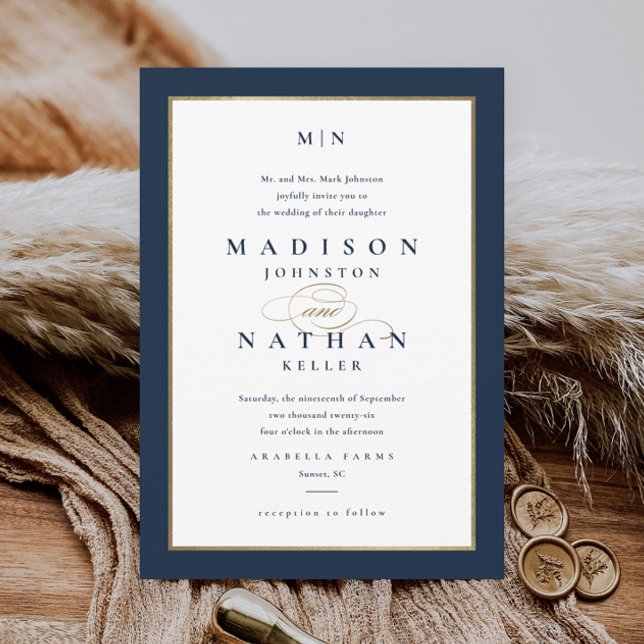 Elegante Hochzeit in Blau und Gold Einladung (Elegant Typography Navy Blue and Gold Wedding Monogram Invitation.)